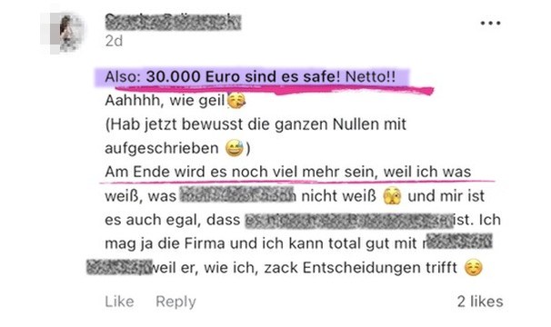 Nachricht einer Kundin: 30.000 Euro netto