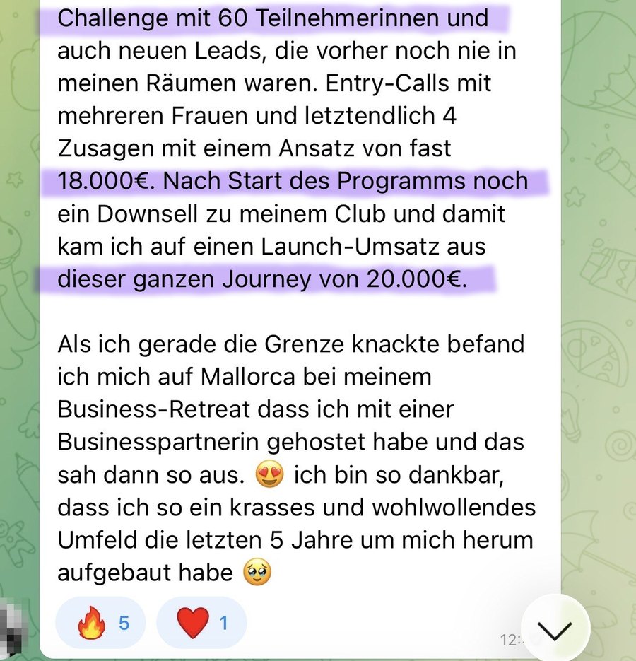 Nachricht einer Kundin: Challenge mit 60 Teilnehmerinnen, 20.000 Euro Launch-Umsatz