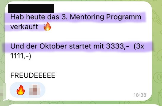 Nachricht einer Kundin: drittes Mentoring-Programm verkauft