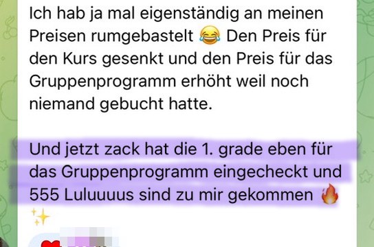 Nachricht einer Kundin: Preis erhöht, sofort gebucht